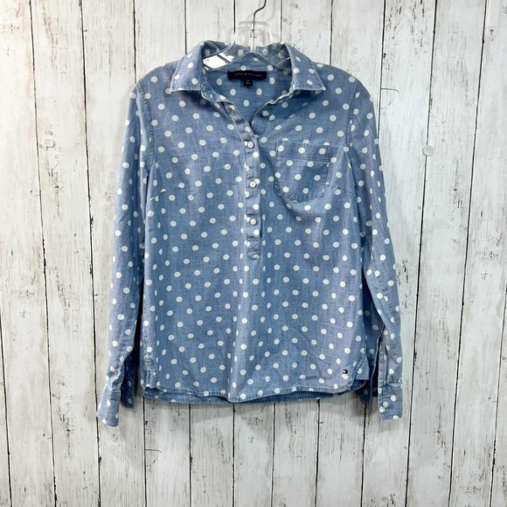 Tommy Hilfiger Women's Blue Polka Dot‎ Long Sleeve Button Down Shirt Size S/P
